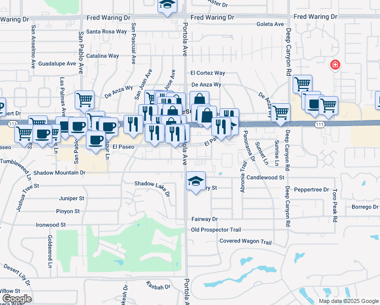 map of restaurants, bars, coffee shops, grocery stores, and more near 74040 El Paseo in Palm Desert