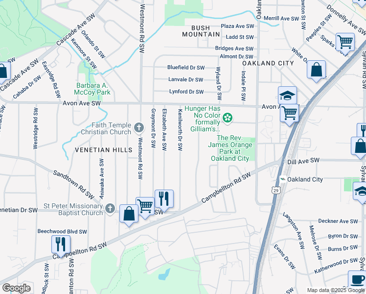 map of restaurants, bars, coffee shops, grocery stores, and more near 1280 Kenilworth Drive Southwest in Atlanta