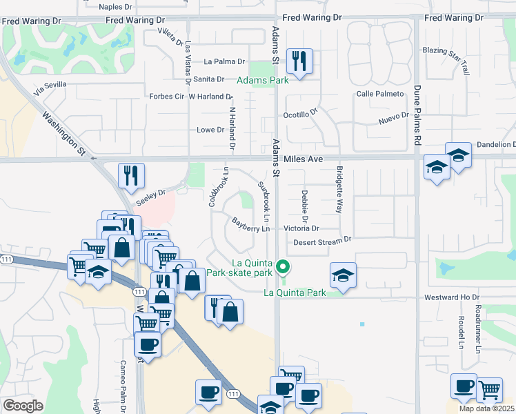 map of restaurants, bars, coffee shops, grocery stores, and more near 45270 Birchcrest Circle in La Quinta