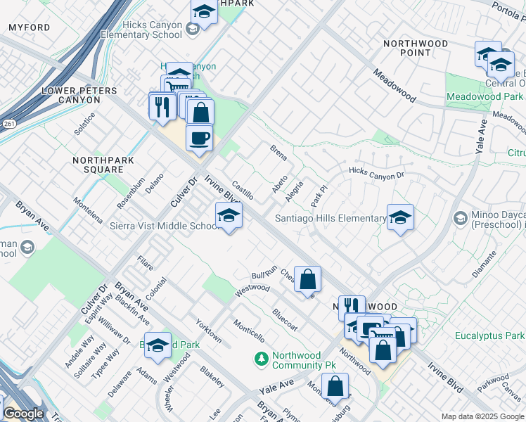 map of restaurants, bars, coffee shops, grocery stores, and more near 1 Castillo in Irvine
