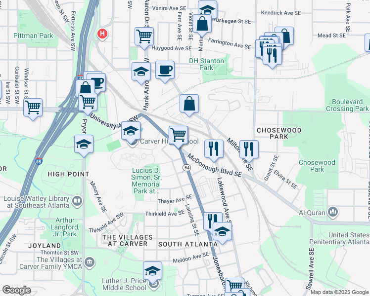 map of restaurants, bars, coffee shops, grocery stores, and more near 1240 Grape Street Southeast in Atlanta