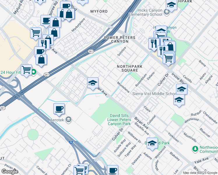 map of restaurants, bars, coffee shops, grocery stores, and more near 11 Saintsbury in Irvine