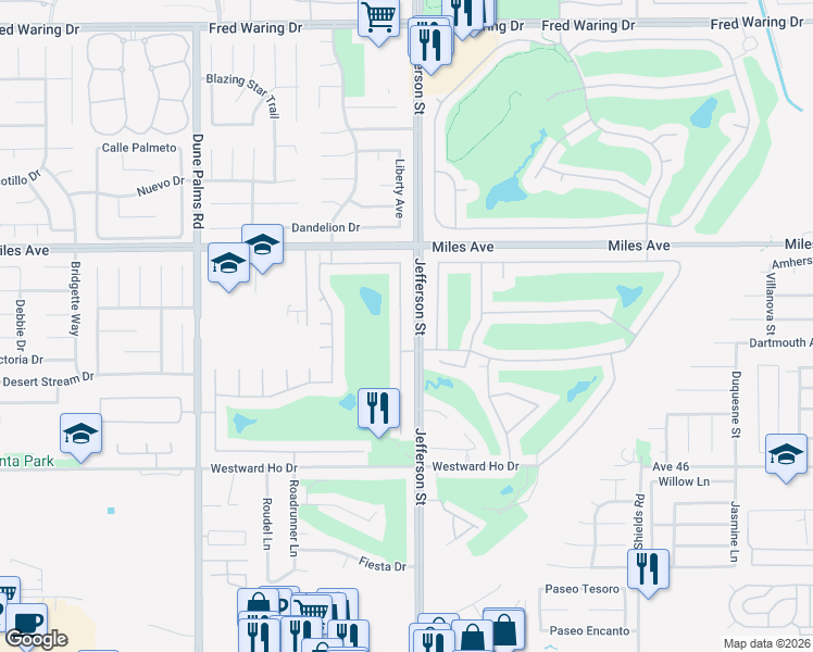 map of restaurants, bars, coffee shops, grocery stores, and more near 45362 Big Canyon Street in Indio