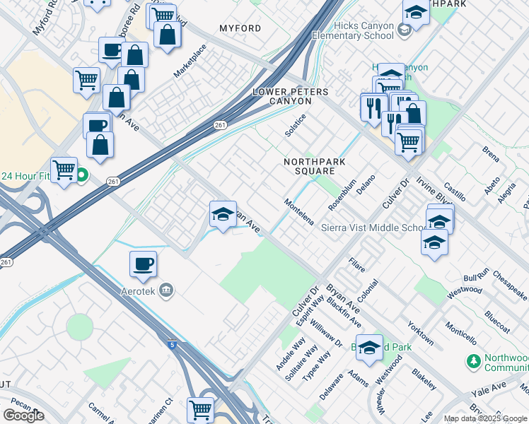 map of restaurants, bars, coffee shops, grocery stores, and more near 11 Saintsbury in Irvine