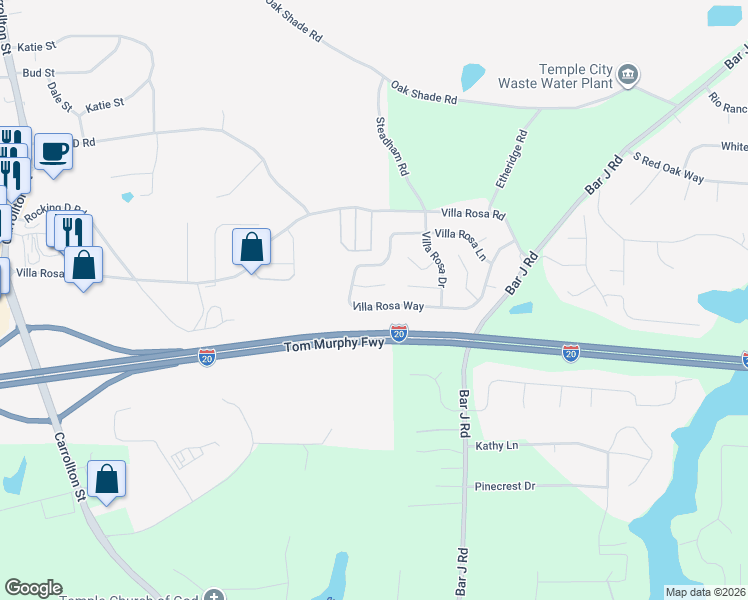 map of restaurants, bars, coffee shops, grocery stores, and more near 37 Villa Rosa Court in Temple