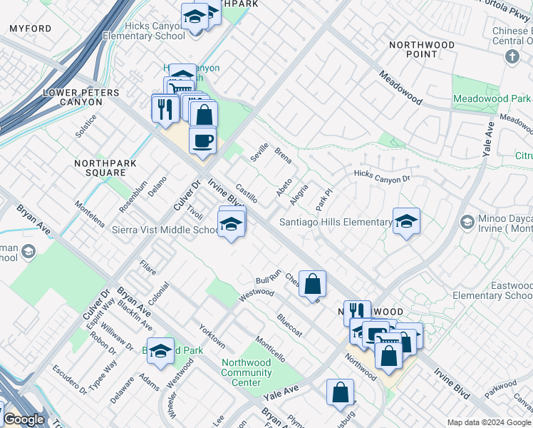 map of restaurants, bars, coffee shops, grocery stores, and more near 1 Castillo in Irvine