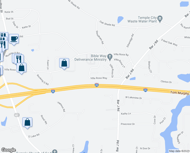 map of restaurants, bars, coffee shops, grocery stores, and more near 228 Villa Rosa Way in Temple