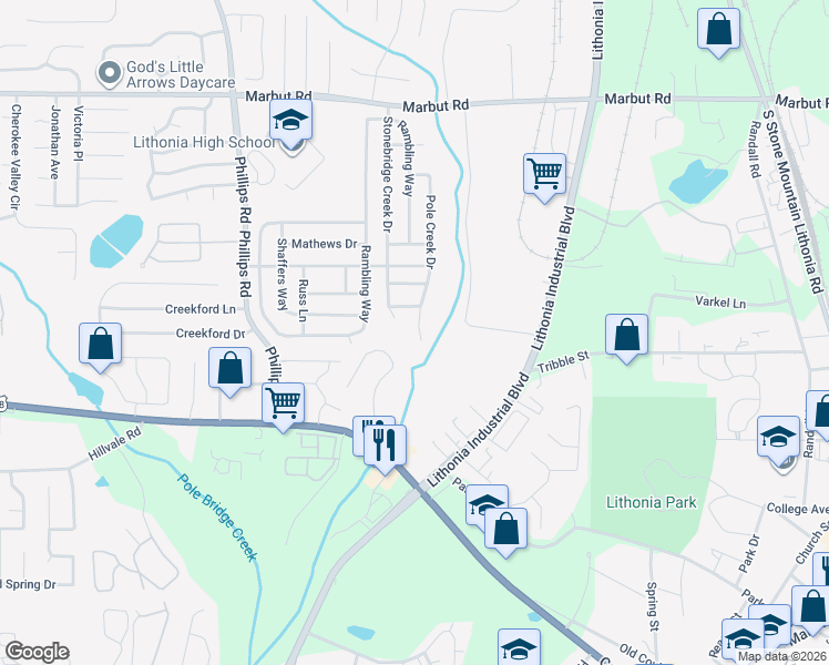 map of restaurants, bars, coffee shops, grocery stores, and more near 6735 Pole Creek Drive in Lithonia