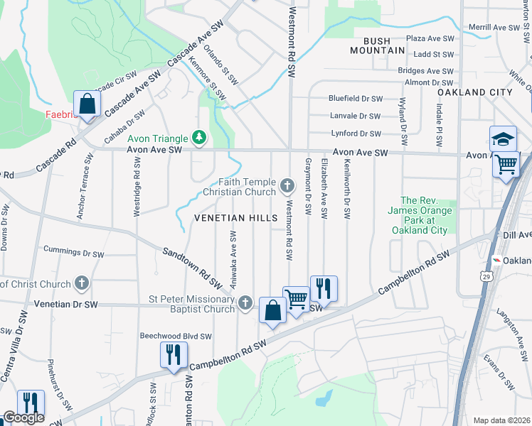 map of restaurants, bars, coffee shops, grocery stores, and more near 1323 Lockwood Drive Southwest in Atlanta
