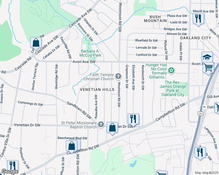 map of restaurants, bars, coffee shops, grocery stores, and more near 1323 Lockwood Drive Southwest in Atlanta