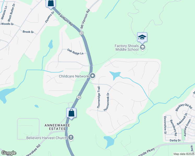 map of restaurants, bars, coffee shops, grocery stores, and more near 3165 Thorneridge Trail in Douglasville