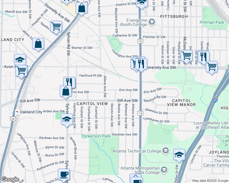 map of restaurants, bars, coffee shops, grocery stores, and more near 728 Erin Avenue Southwest in Atlanta