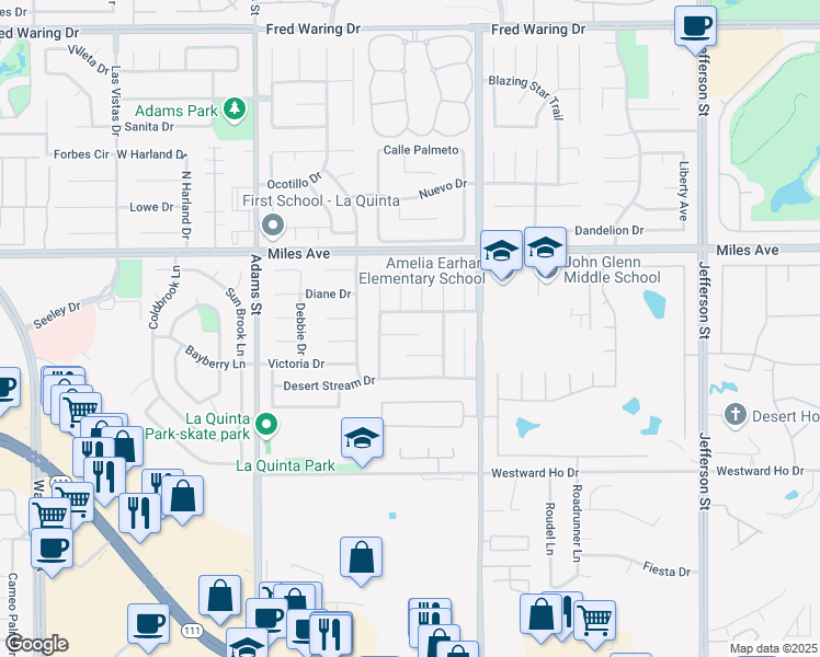 map of restaurants, bars, coffee shops, grocery stores, and more near 79320 Desert Wind Court in La Quinta
