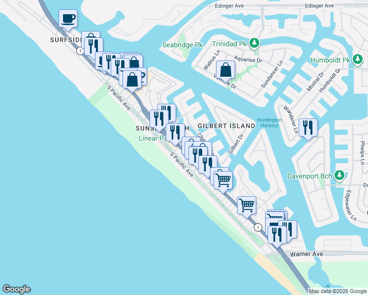 map of restaurants, bars, coffee shops, grocery stores, and more near 16746 Pacific Coast Highway in Huntington Beach