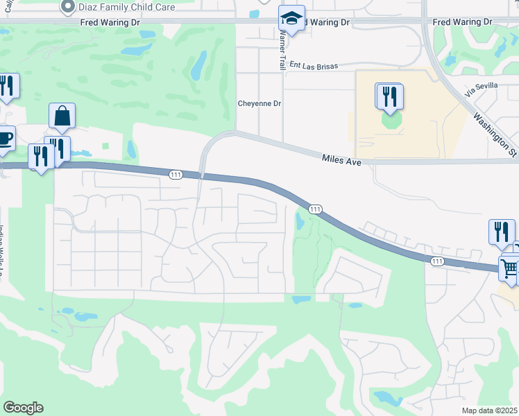 map of restaurants, bars, coffee shops, grocery stores, and more near 77354 Sky Mesa Lane in Indian Wells