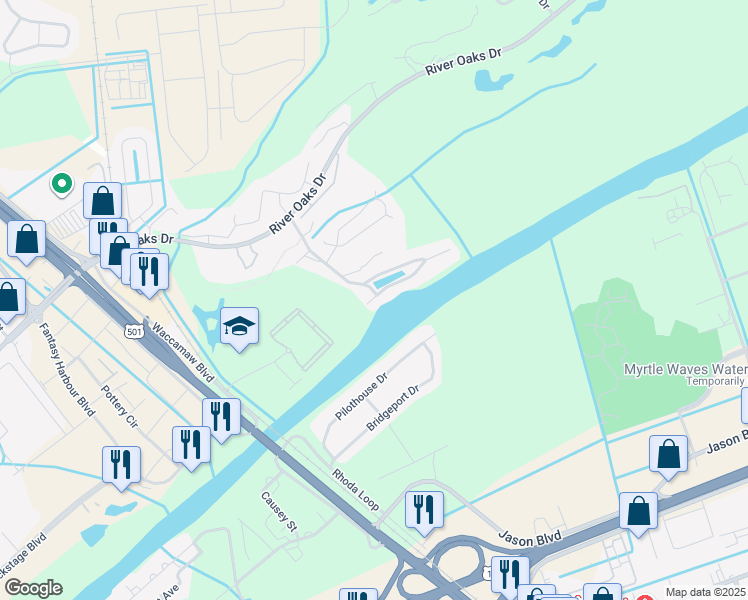 map of restaurants, bars, coffee shops, grocery stores, and more near 607 Waterway Village Boulevard in Myrtle Beach