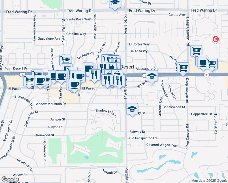map of restaurants, bars, coffee shops, grocery stores, and more near 73896 El Paseo in Palm Desert