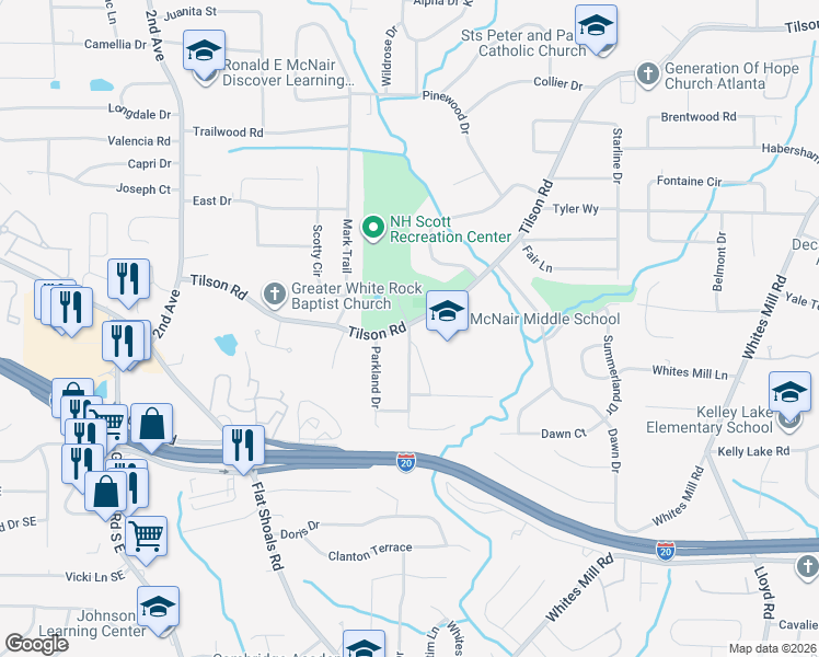 map of restaurants, bars, coffee shops, grocery stores, and more near Wallingford Drive in Decatur