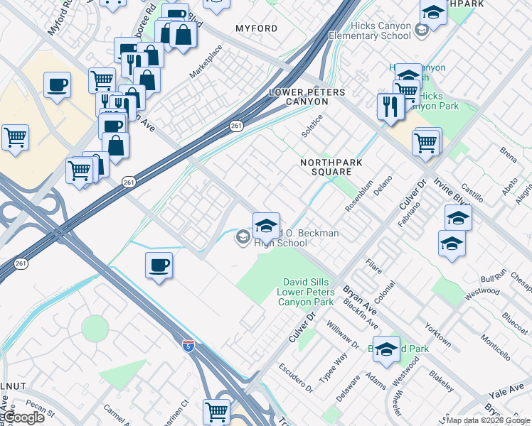 map of restaurants, bars, coffee shops, grocery stores, and more near 20 Saintsbury in Irvine