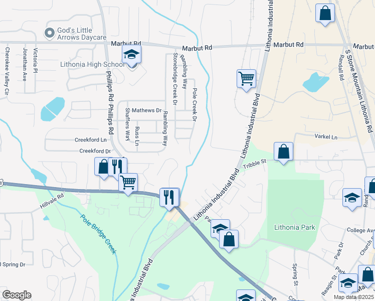 map of restaurants, bars, coffee shops, grocery stores, and more near 6735 Pole Creek Drive in Lithonia