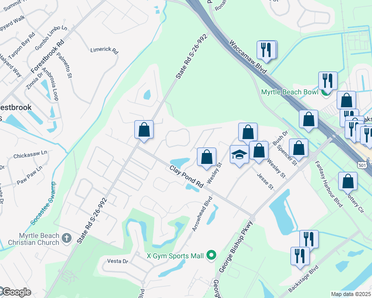 map of restaurants, bars, coffee shops, grocery stores, and more near 109 Rexford Court in Myrtle Beach