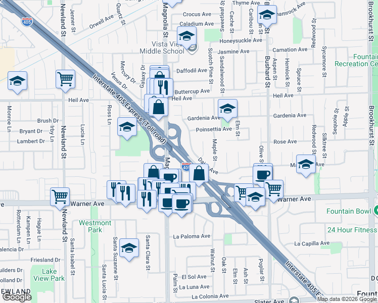 map of restaurants, bars, coffee shops, grocery stores, and more near 16719 Daisy Avenue in Fountain Valley