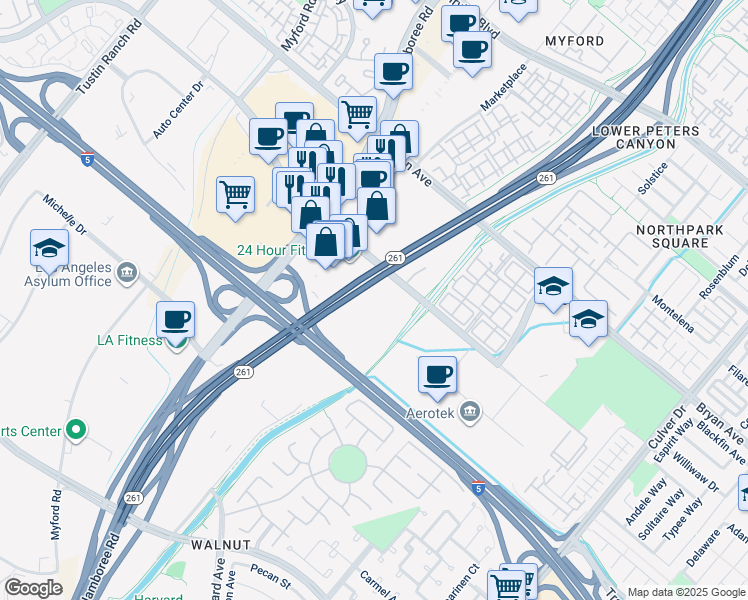 map of restaurants, bars, coffee shops, grocery stores, and more near 3200 El Camino Real in Irvine