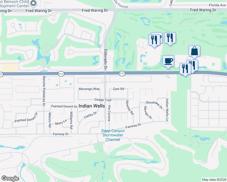 map of restaurants, bars, coffee shops, grocery stores, and more near 76120 Zuni Road in Indian Wells
