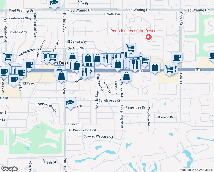map of restaurants, bars, coffee shops, grocery stores, and more near 74380 Abronia Trail in Palm Desert