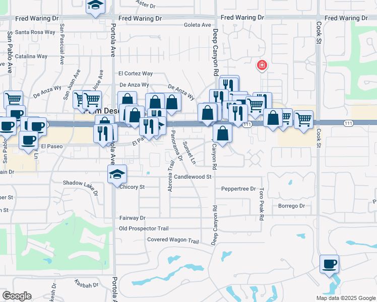 map of restaurants, bars, coffee shops, grocery stores, and more near 74380 Abronia Trail in Palm Desert