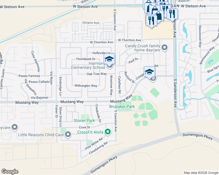 map of restaurants, bars, coffee shops, grocery stores, and more near 1649 Wrentree Way in Hemet