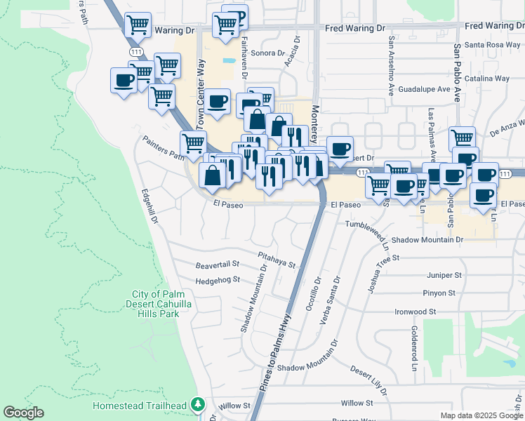 map of restaurants, bars, coffee shops, grocery stores, and more near El Paseo in Palm Desert