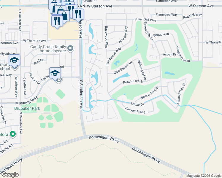 map of restaurants, bars, coffee shops, grocery stores, and more near 2952 Peach Tree Street in Hemet