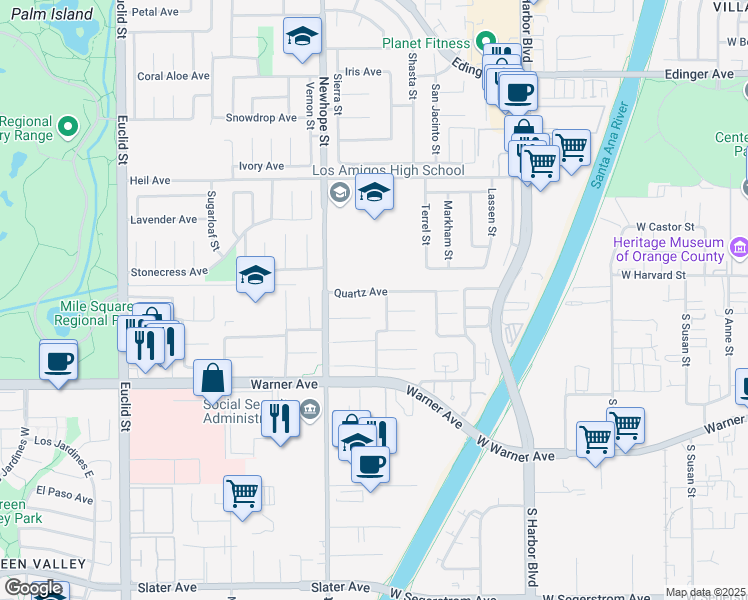 map of restaurants, bars, coffee shops, grocery stores, and more near 11620 Quartz Avenue in Fountain Valley