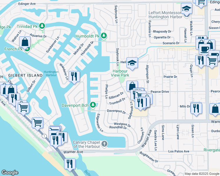 map of restaurants, bars, coffee shops, grocery stores, and more near 4152 Branford Drive in Huntington Beach