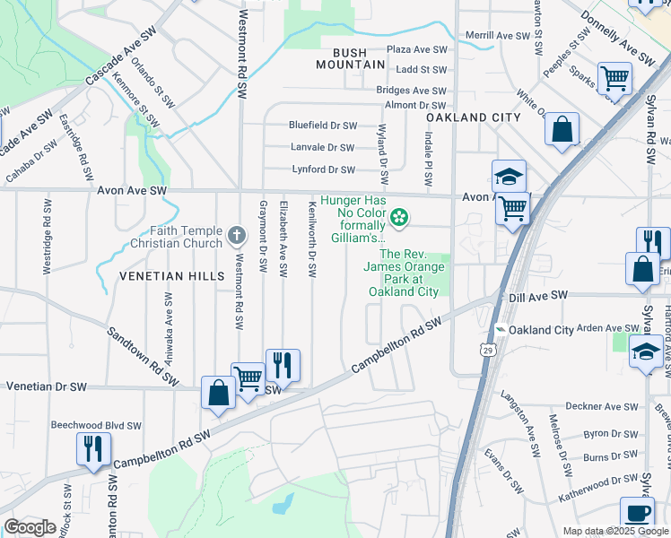 map of restaurants, bars, coffee shops, grocery stores, and more near 1280 Kenilworth Drive Southwest in Atlanta
