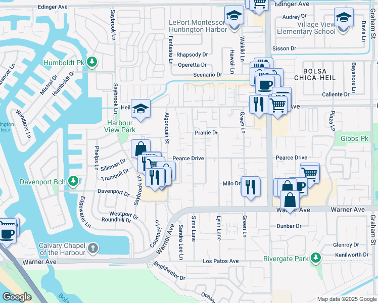 map of restaurants, bars, coffee shops, grocery stores, and more near 16701 Sims Lane in Huntington Beach