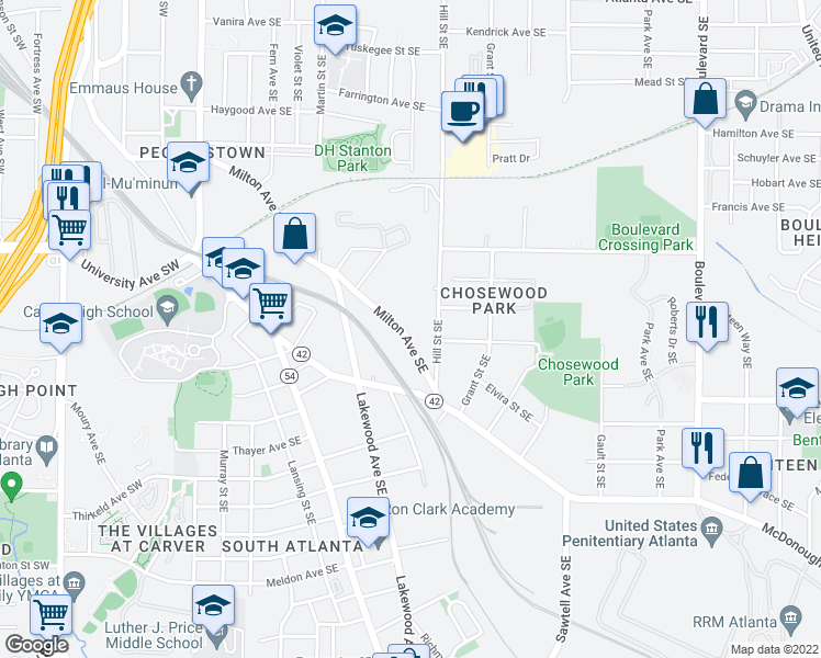 map of restaurants, bars, coffee shops, grocery stores, and more near 256 Milton Avenue Southeast in Atlanta