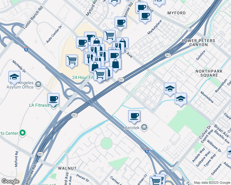 map of restaurants, bars, coffee shops, grocery stores, and more near 3200 El Camino Real in Irvine