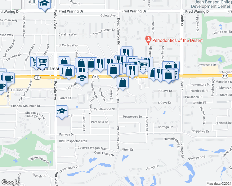 map of restaurants, bars, coffee shops, grocery stores, and more near 9 Deep Canyon Road in Palm Desert
