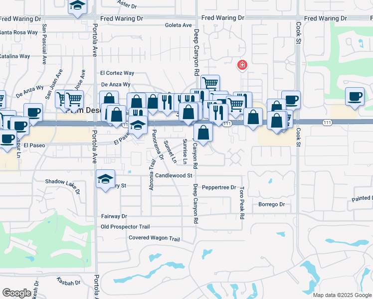 map of restaurants, bars, coffee shops, grocery stores, and more near 9 Deep Canyon Road in Palm Desert