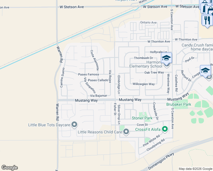 map of restaurants, bars, coffee shops, grocery stores, and more near 1595 Camino Cresta in Hemet