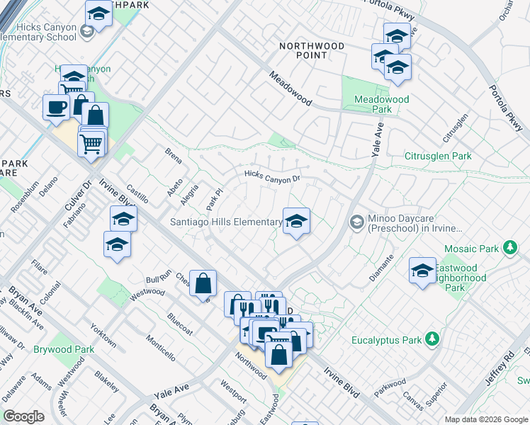 map of restaurants, bars, coffee shops, grocery stores, and more near 8 Glorieta East in Irvine