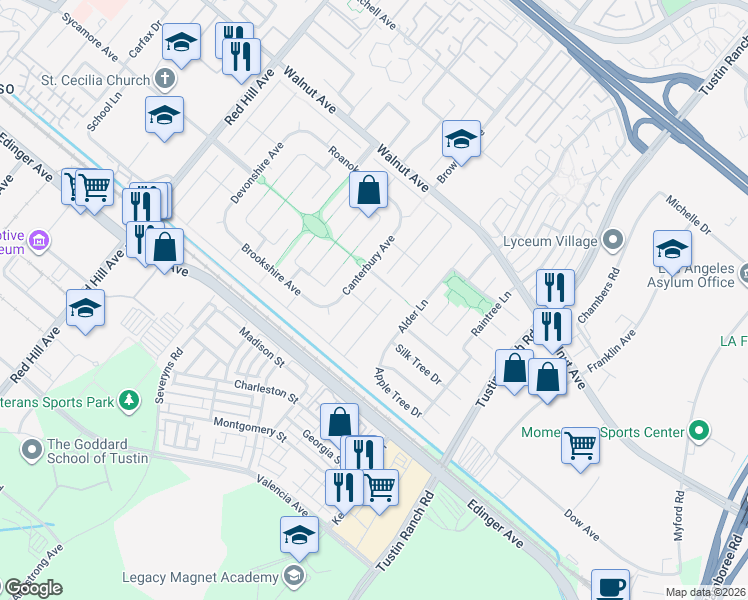 map of restaurants, bars, coffee shops, grocery stores, and more near 14772 Canterbury Avenue in Tustin