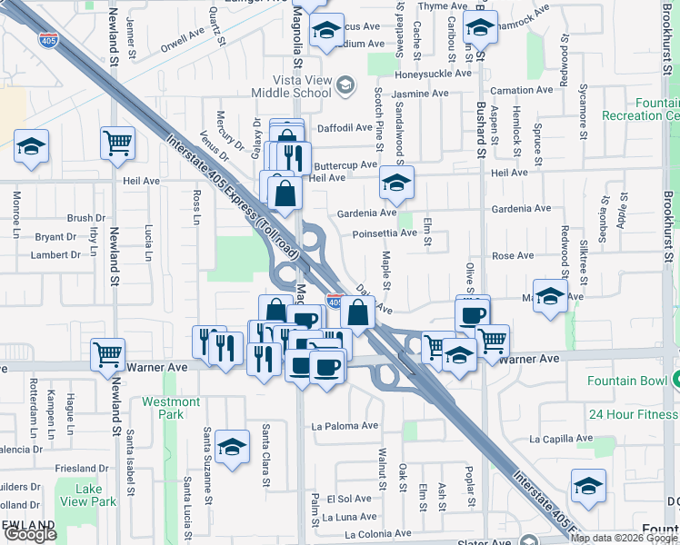 map of restaurants, bars, coffee shops, grocery stores, and more near 16719 Daisy Avenue in Fountain Valley