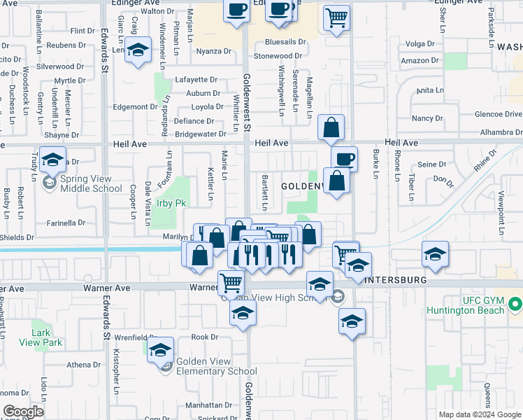 map of restaurants, bars, coffee shops, grocery stores, and more near 16692 Goldenwest Street in Huntington Beach
