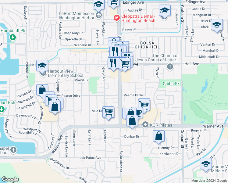 map of restaurants, bars, coffee shops, grocery stores, and more near 16621 Jib Circle in Huntington Beach
