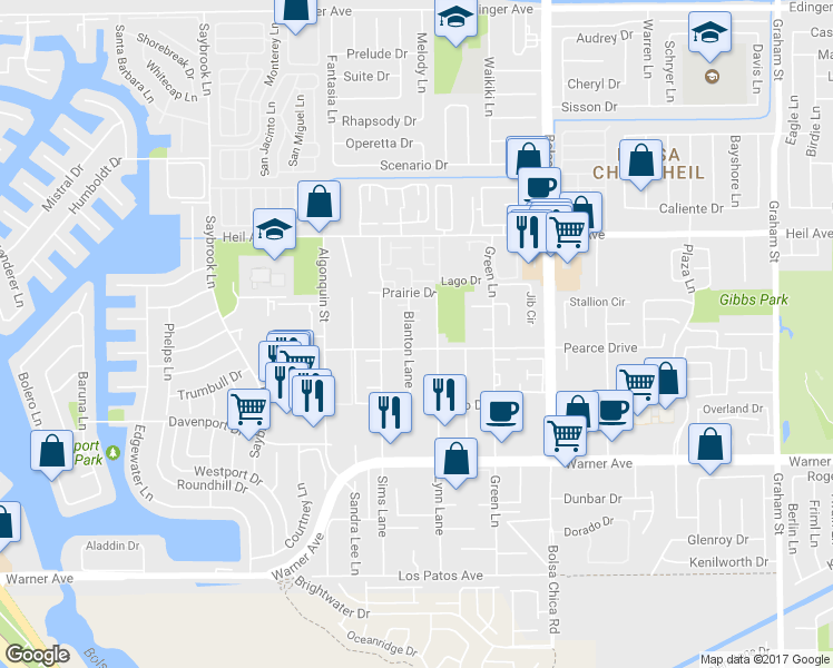 map of restaurants, bars, coffee shops, grocery stores, and more near 16671 Blanton Lane in Huntington Beach