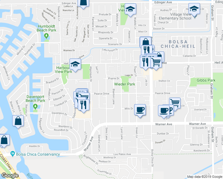 map of restaurants, bars, coffee shops, grocery stores, and more near 16671 Blanton Lane in Huntington Beach