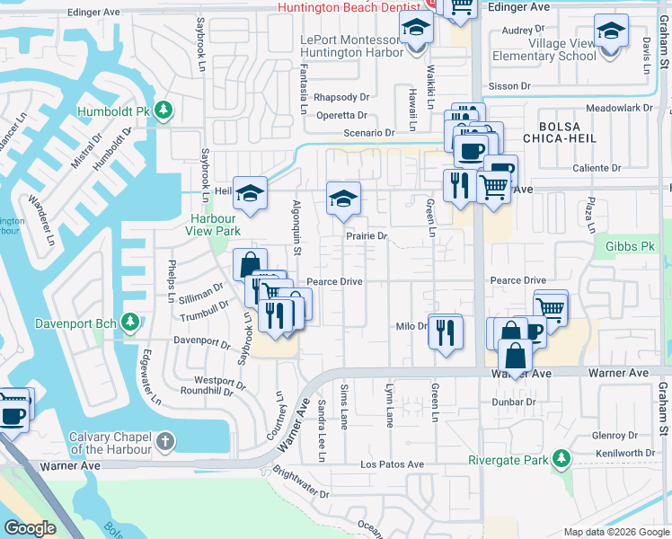 map of restaurants, bars, coffee shops, grocery stores, and more near 16671 Sims Lane in Huntington Beach